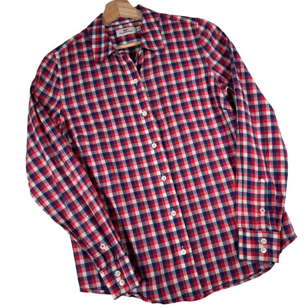 Vineyard Vines Womens Red White Blue Gingham Button Down Shirt‎ 8 2W0821 Cotton
